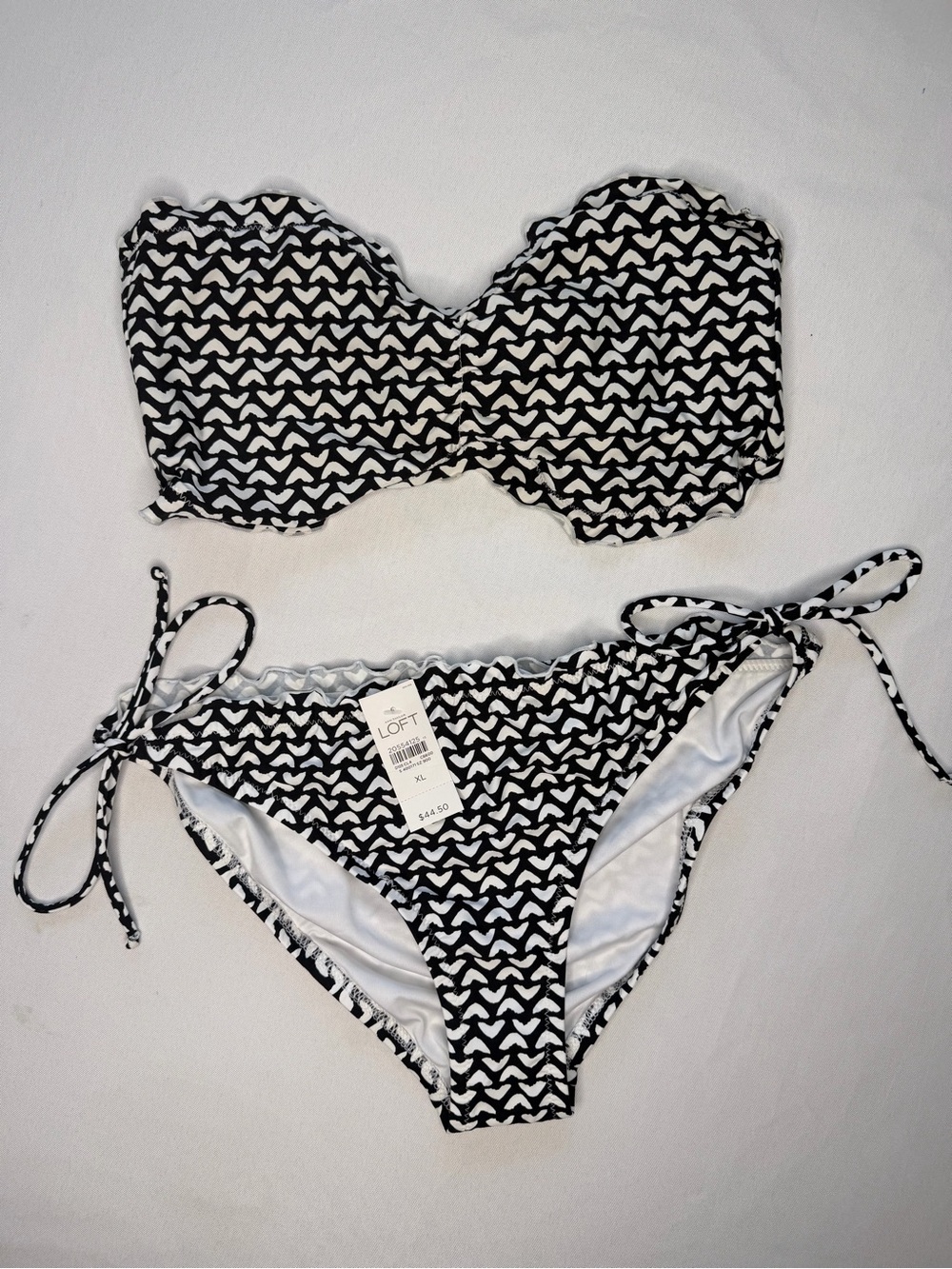 NWT LOFT Black and White Heart Print Bandeau Top &Tie-Side Bottom Bikini Set XL